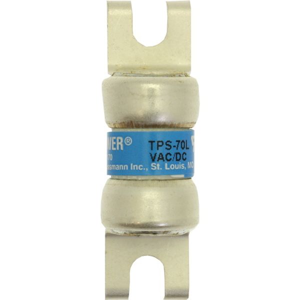 Eaton Bussmann series TPS telecommunication fuse, Vertical PCB tab, 170 Vdc, 70A, 100 kAIC, Non Indicating, Current-limiting, Non-indicating, Glass melamine tube, Silver-plated brass ferrules image 1