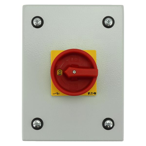 Main switch, P1, 40 A, surface mounting, 3 pole + N, Emergency switching off function, With red rotary handle and yellow locking ring, Lockable in the image 8