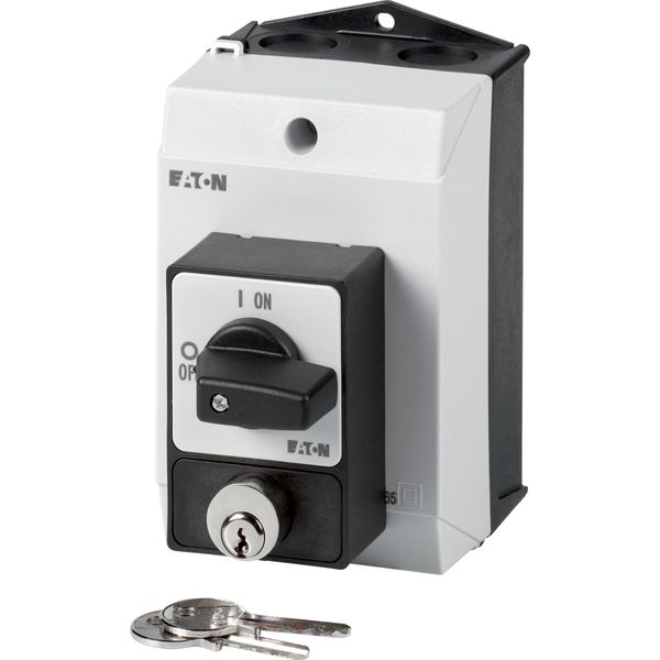 ON-OFF switches, T0, 20 A, surface mounting, 3 pole, with black thumb grip and front plate, Cylinder lock SVA image 2