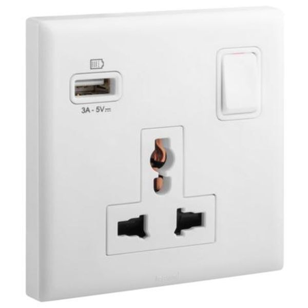 Eloe - 1 gang multistandard single pole switched socket + USB A - White image 1