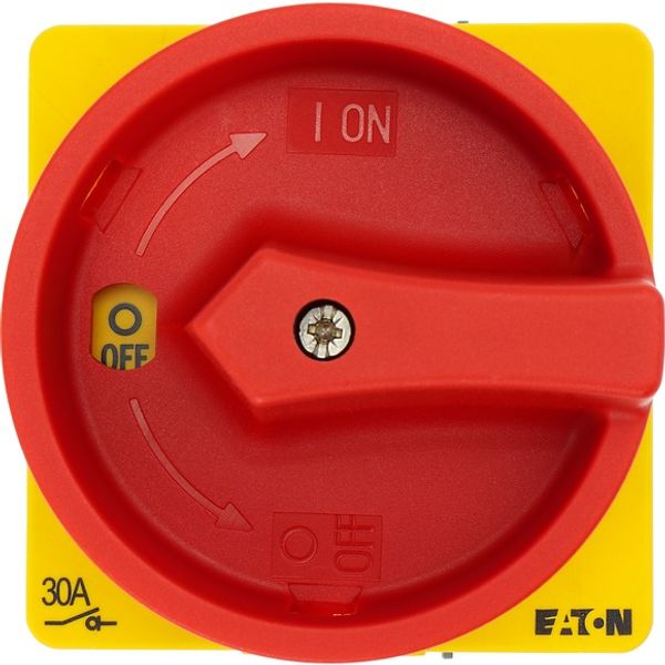 Main switch, T3, 32 A, flush mounting, 2 contact unit(s), 3 pole + N, Emergency switching off function, With red rotary handle and yellow locking ring image 4