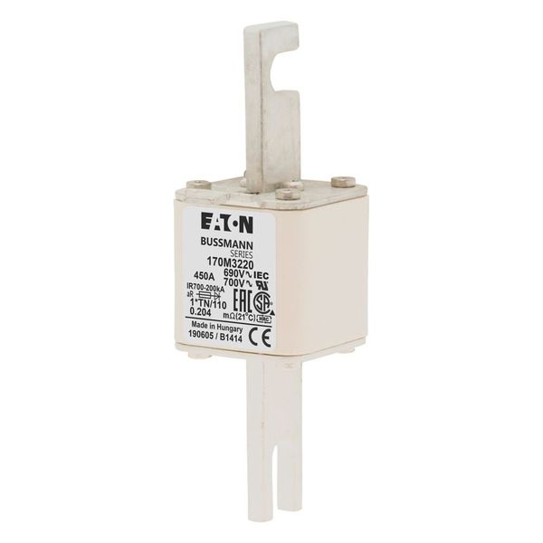 Fuse-link, high speed, 450 A, AC 690 V, compact DIN 1, 45 x 58 x 134 mm, aR, DIN, IEC, single indicator, 80 mm centres image 3