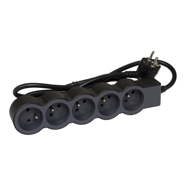 Extra-flat power strip extension equipped with 5 2P+E 16A 3680W sockets with 1.5m length cord - black and dark gray image 1