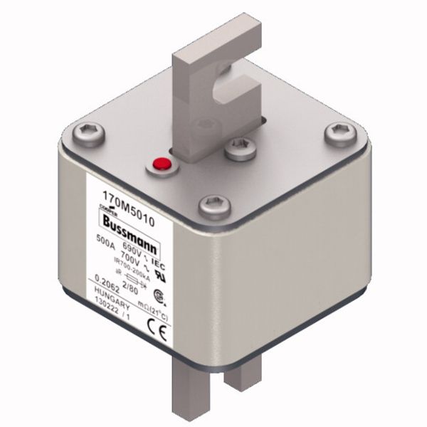 Fuse-link, high speed, 500 A, AC 690 V, DIN 2, 61 x 61 x 108 mm, aR, DIN, IEC, single indicator, 80 mm centres image 2