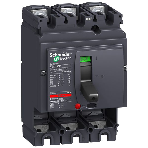 circuit breaker basic frame, ComPact NSX100F, 36 kA at 415 VAC 50/60 Hz, 100 A, without trip unit, 3 poles image 1