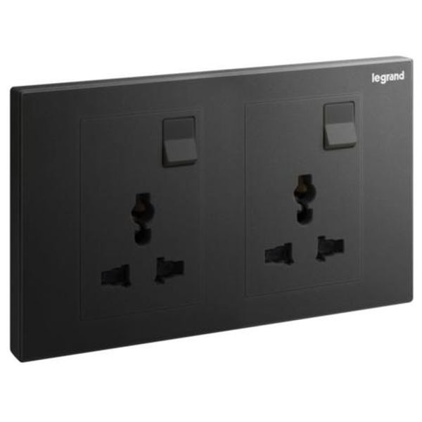 Galion 2 gang Multistandard switched socket outlet - matt black image 1