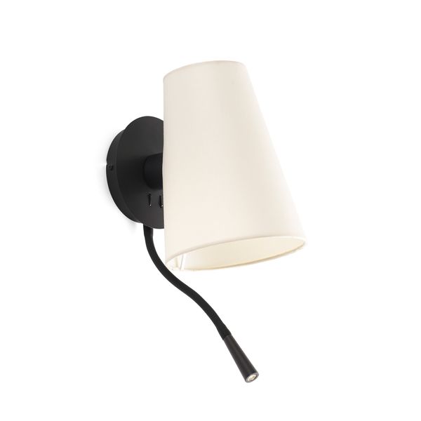 LUPE BLACK WALL LAMP WITH READER BEIGE LAMPSHADE image 1