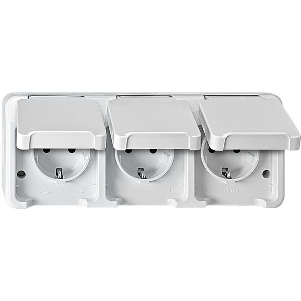 SCHUKO triple socket, arranged horizontally with contact protection, polar white, AQUASTAR image 1