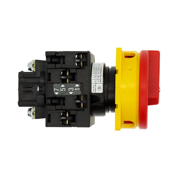Main switch, T3, 32 A, flush mounting, 2 contact unit(s), 4 pole, Emergency switching off function, With red rotary handle and yellow locking ring image 13