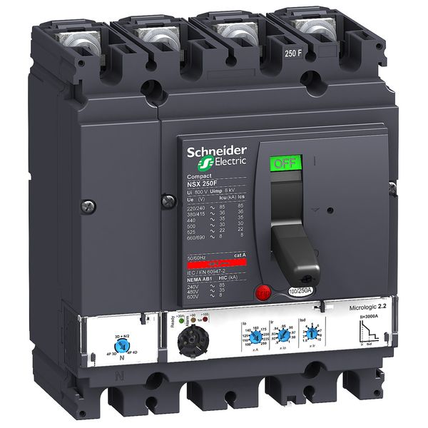 circuit breaker ComPact NSX250F, 36 kA at 415 VAC, MicroLogic 2.2 trip unit 250 A, 4 poles 4d image 1