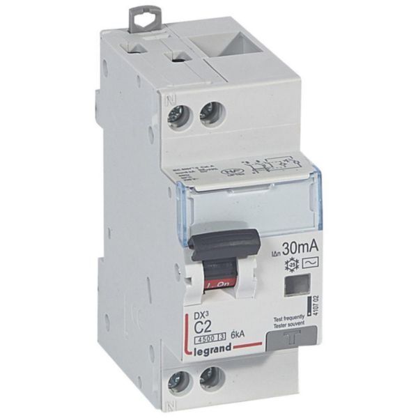 Differential circuit breaker DX³4500 high inlet and low outlet screw U+N 230V~ - 2A typeAC 30mA - curve C - 2 modules image 1