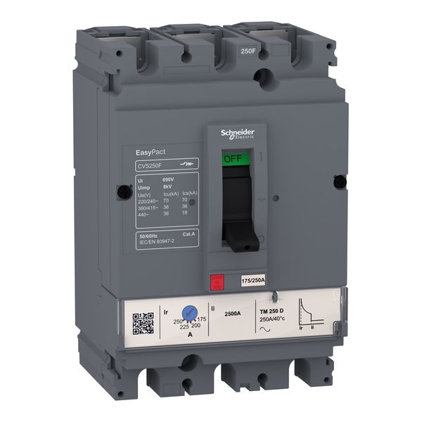 circuit breaker EasyPact CVS160F, 36 kA at 415 VAC, 125 A rating thermal magnetic TM-D trip unit, 3P 3d image 3