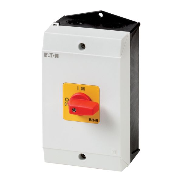 On-Off switch, T3, 32 A, surface mounting, 1 contact unit(s), 2 pole, Emergency switching off function, with red thumb grip and yellow front plate image 3