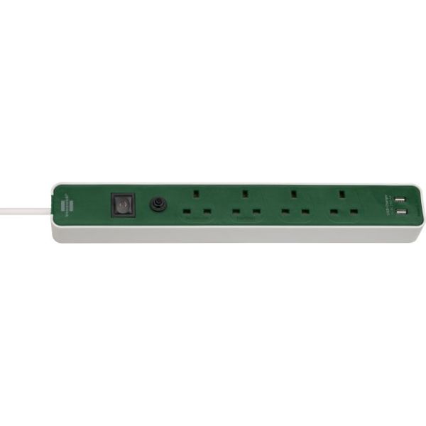 Ecolor FB Extension Lead With USB-Charger and Safety Fuse Reset Button 13A SASO 4-way 2xUSB 3m H05VV-F 3G1.5 white/green *GB* image 1