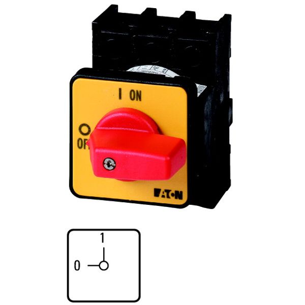 On-Off switch, P1, 25 A, flush mounting, 3 pole, Emergency switching off function, with red thumb grip and yellow front plate image 1
