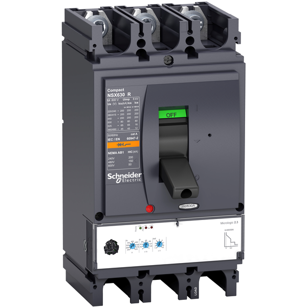 circuit breaker ComPact NSX630R, 200 kA at 415 VAC, MicroLogic 2.3 trip unit, 630 A, 3 poles 3d image 4