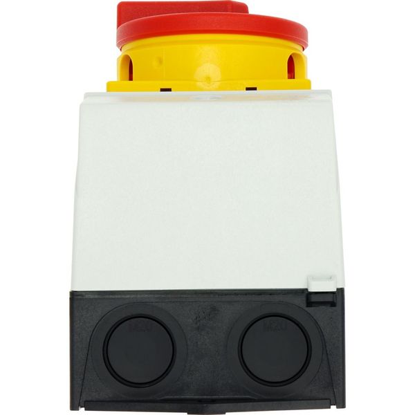 Main switch, T0, 20 A, surface mounting, 3 contact unit(s), 3 pole, 2 N/O, Emergency switching off function, With red rotary handle and yellow locking image 56