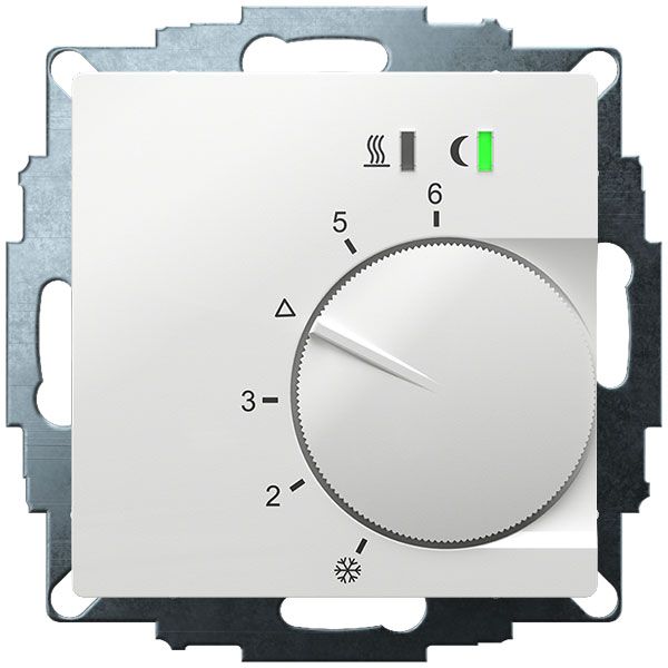 UP room controller, RAL9016 glossy 55x55, 5-30C, AC 24V, triac output, switchable 5 actuators each 3W, change-over input, TA 3.5K, LED displays image 1