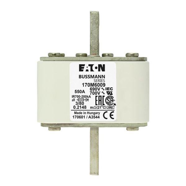 Fuse-link, high speed, 550 A, AC 690 V, DIN 3, 76 x 76 x 109 mm, aR, DIN, IEC, single indicator image 2