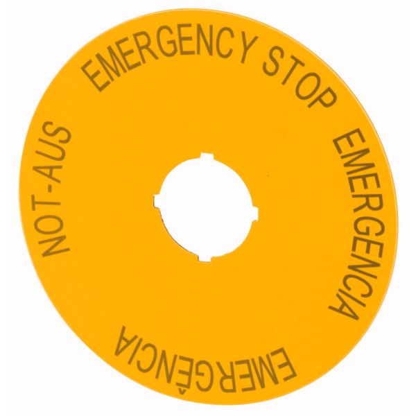 Label, emergency switching off, yellow, D=90mm, 4 languages, DE, EN, ES, PT image 1