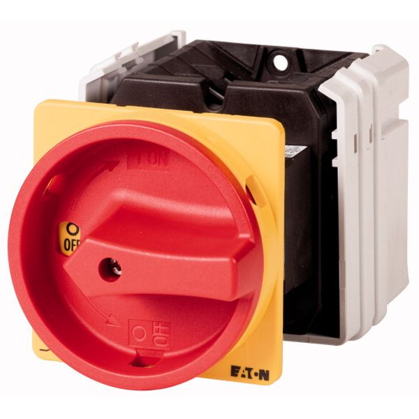 Main switch, T5B, 63 A, rear mounting, 3 contact unit(s), 3 pole + N, 1 N/O, 1 N/C, Emergency switching off function, With red rotary handle and yello image 1