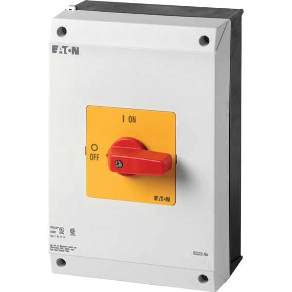On-Off switch, P3, 100 A, surface mounting, 3 pole, Emergency switching off function, with red thumb grip and yellow front plate, UL/CSA image 2