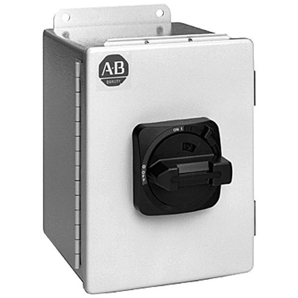 Allen-Bradley 194E-FA63E-P11-PE 194E Load switch, 63 A, OFF-ON 90°, 3 Normally Open Power poles, NEMA 3/4/12-IP66 Pnt St (Rect), Base/DIN Rail, Standard Size Enclosure, Actuator: Red / Yellow, Left: Aux Contact (1NO 1NC), Rt: Earthing Terminal (Ground) image 1