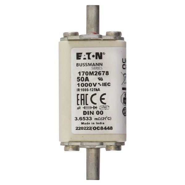 Fuse-link, high speed, 50 A, AC 1000 V, DIN 00, aR, DIN, IEC, single indicator, live gripping lugs image 8