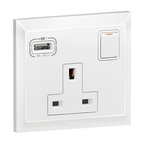 Socket 1 Gang 13A Switched + USB Type( A ) 2.4A 7X7 White,  Legrand-Belanko S image 1