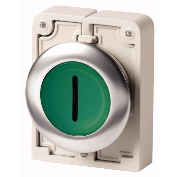 Illuminated pushbutton actuator, RMQ-Titan, flat, momentary, green, inscribed, Front ring stainless steel image 1