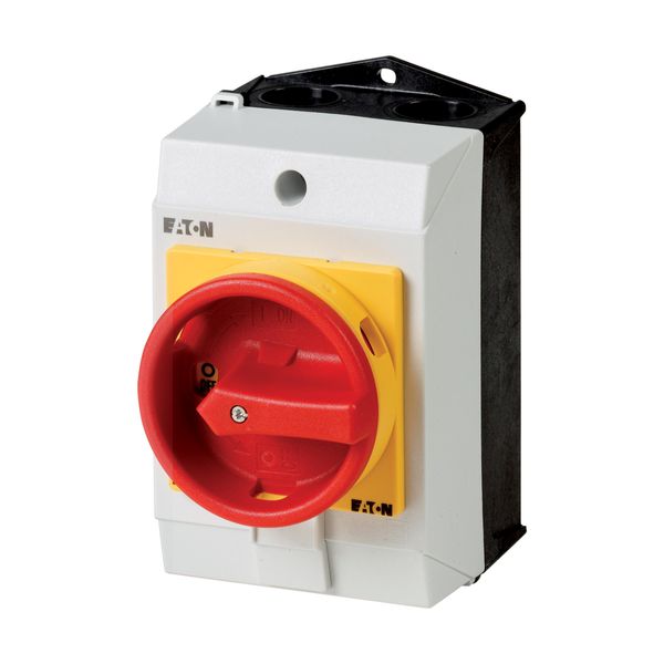 Main switch, T0, 20 A, surface mounting, 4 contact unit(s), 6 pole, 1 N/O, 1 N/C, Emergency switching off function, With red rotary handle and yellow image 2