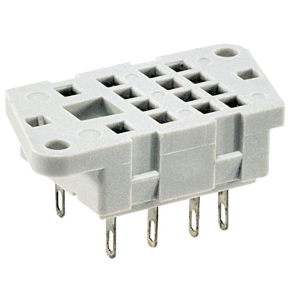 Socket for relays: R2N.  Solder terminals. Dimensions 40,5 x 21,5 x 18,1 mm. Four poles. Rated load 12 A, 250 V AC image 1