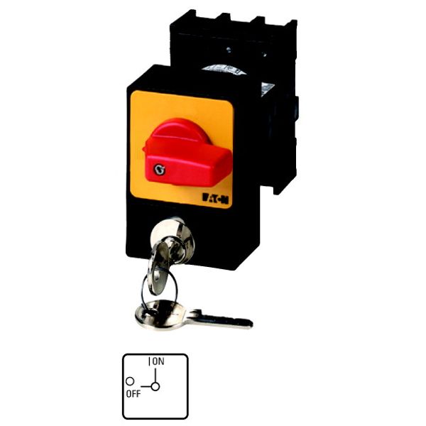 Panic switches, P1, 25 A, flush mounting, 3 pole, with red thumb grip and yellow front plate, Cylinder lock SVA image 1