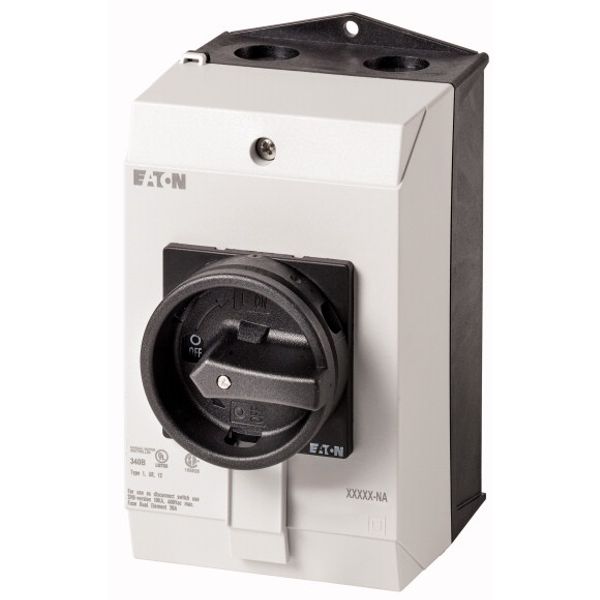 Main switch, P1, 32 A, surface mounting, 3 pole, 1 N/O, 1 N/C, STOP function, With black rotary handle and locking ring, UL/CSA image 1