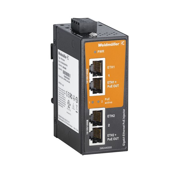 PoE injector, Gigabit Ethernet, 2x  RJ45 10/100/1000BaseT(X), 2x  RJ45 image 1