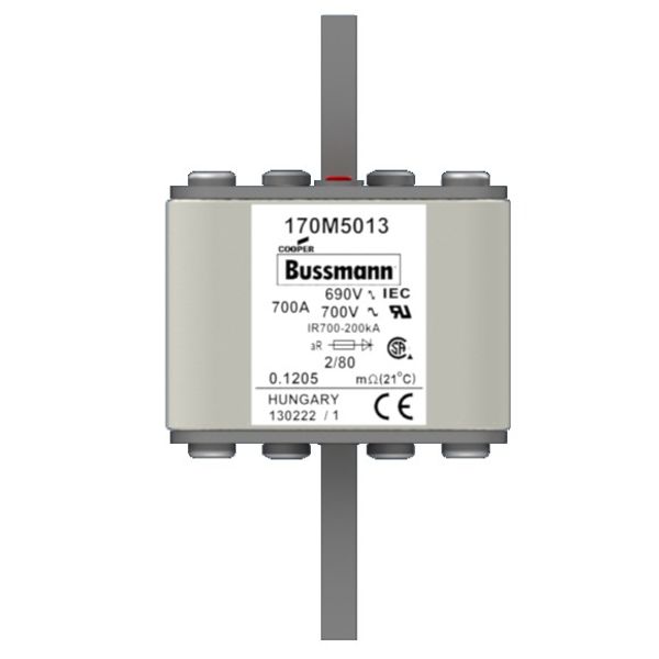 Fuse-link, high speed, 700 A, AC 690 V, DIN 2, aR, DIN, IEC, single indicator, live gripping lugs image 2