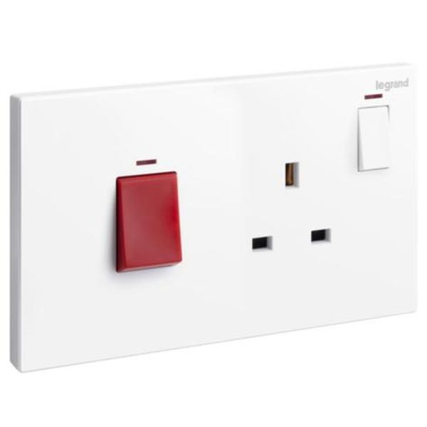 Galion - 2 gangs cooker unit control - 45A Double Pole switch with British Standard 13A switched socket outlet - White image 1