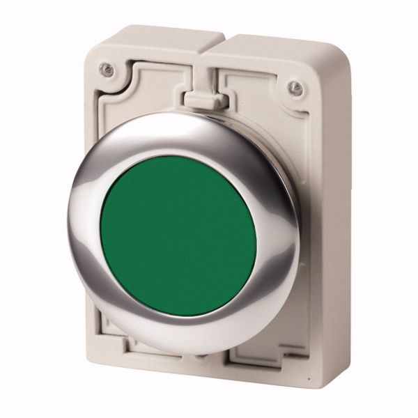 Pushbutton, RMQ-Titan, Flat, momentary, green, Blank, Metal bezel image 1