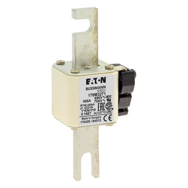 Fuse-link, high speed, 500 A, AC 690 V, compact DIN 1, 45 x 58 x 134 mm, aR, DIN, IEC, type K indicator, 110 mm centres image 19