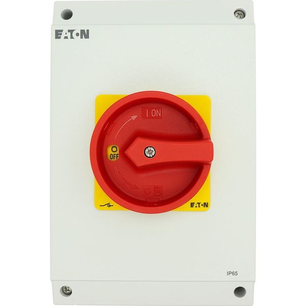 Main switch, P3, 100 A, surface mounting, 3 pole, 1 N/O, 1 N/C, Emergency switching off function, With red rotary handle and yellow locking ring, Lock image 24