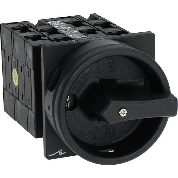 Main switch, T3, 32 A, flush mounting, 4 contact unit(s), 6 pole, 1 N/O, 1 N/C, STOP function, With black rotary handle and locking ring, Lockable in image 21