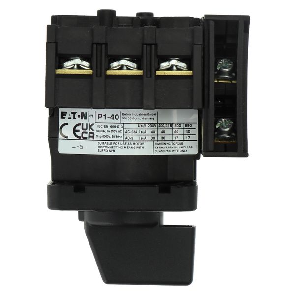 On-Off switch, P1, 40 A, flush mounting, 3 pole, 1 N/O, 1 N/C, with black thumb grip and front plate image 30