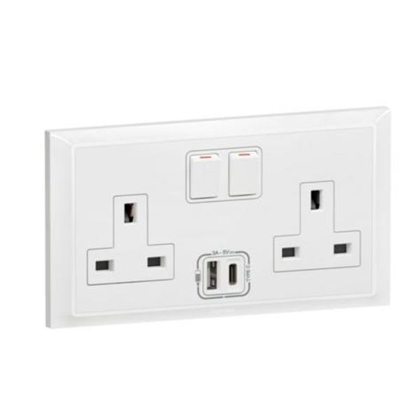 Belanko S 2 gang single pole BS switched socket outlet inboard - 13A + USB type A+C - White image 1