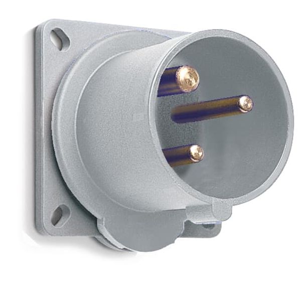Inlet Panel Mounting, minimized flange, straight, earthing sleeve position 1h, rated current 16A, IP44 splashproof, 2-poles+earth, frequency ACz, color code Grey image 1