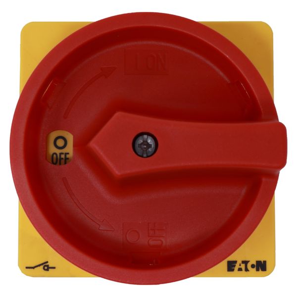 Main switch, P3, 100 A, rear mounting, 3 pole, Emergency switching off function, With red rotary handle and yellow locking ring, Lockable in the 0 (Of image 16