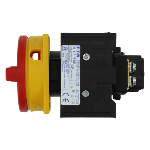 Main switch, P1, 40 A, flush mounting, 3 pole + N, 1 N/O, 1 N/C, Emergency switching off function, With red rotary handle and yellow locking ring, Loc image 26