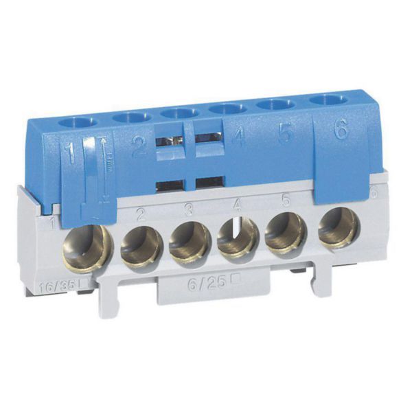 Neutral terminal block - 5 cable terminals 6 to 25 mm² + 1 cable 10 to 35 mm² - blue image 1