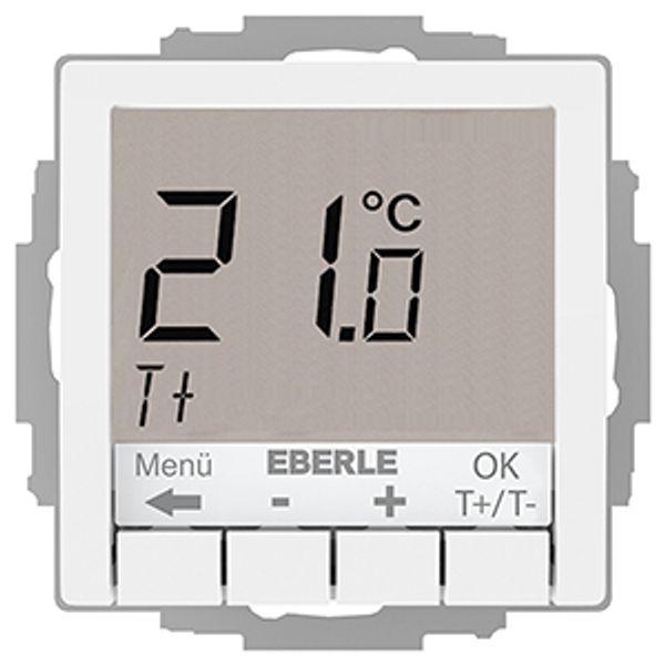 Flush-mounted thermostat as room controller, RAL9016 glossy 55x55, AC 230V, 1 changeover contact, heating 5(2) A, cooling 1(1) A, white backlighting image 2