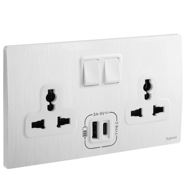 2G MULTISTANDARD SWITCHED SOCKET + USB TYPE A+C 3A BRUSHED ALUMINIUM image 1