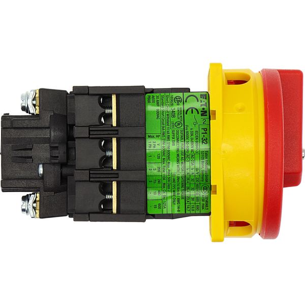 Main switch, P1, 32 A, flush mounting, 3 pole, Emergency switching off function, With red rotary handle and yellow locking ring, Lockable in the 0 (Of image 16